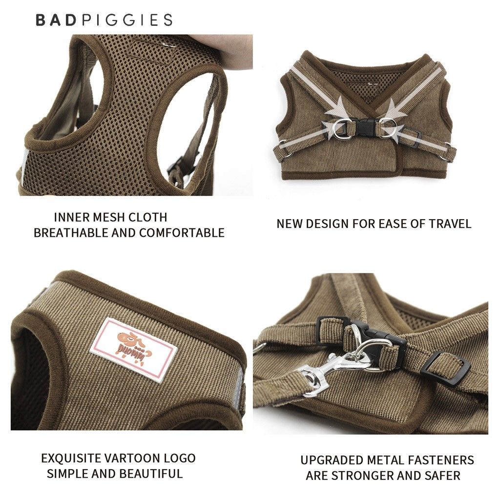 BadPiggies Universal Puppy Cat Dog Harness with Leash Set Escape Proof Adjustable Reflective Mesh Corduroy Harnesses (XL， Coffee)