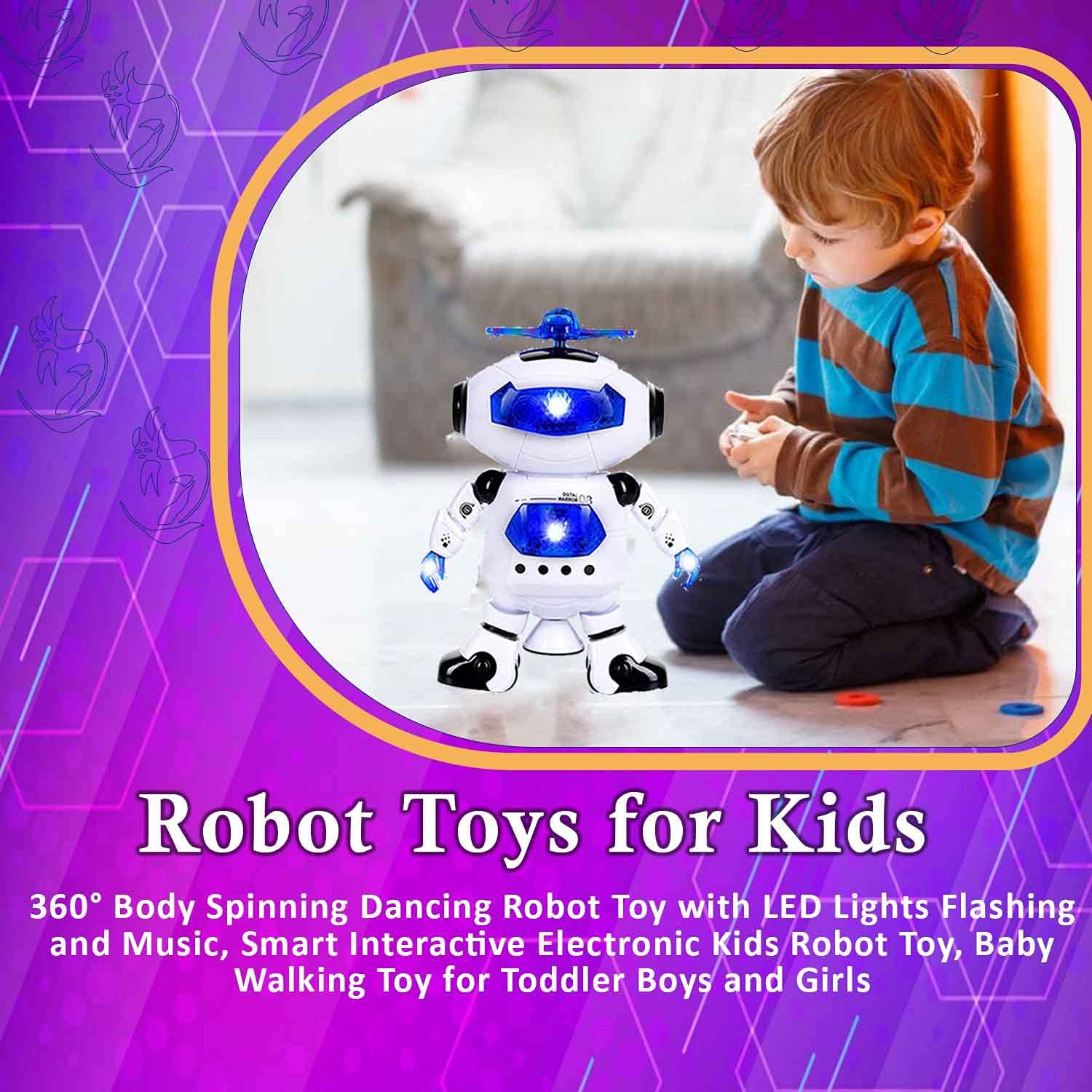 Toysery walking Robot for kids - 360° Body Spinning Dancing Robot Toy with LED Lights Flashing and Music， electronic learning toy robot