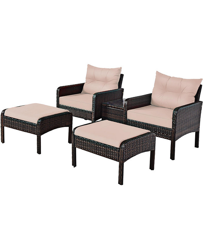 Costway 5 PCS Rattan Wicker Furniture Set Sofa Ottoman W Brown Cushion Patio Garden Yard