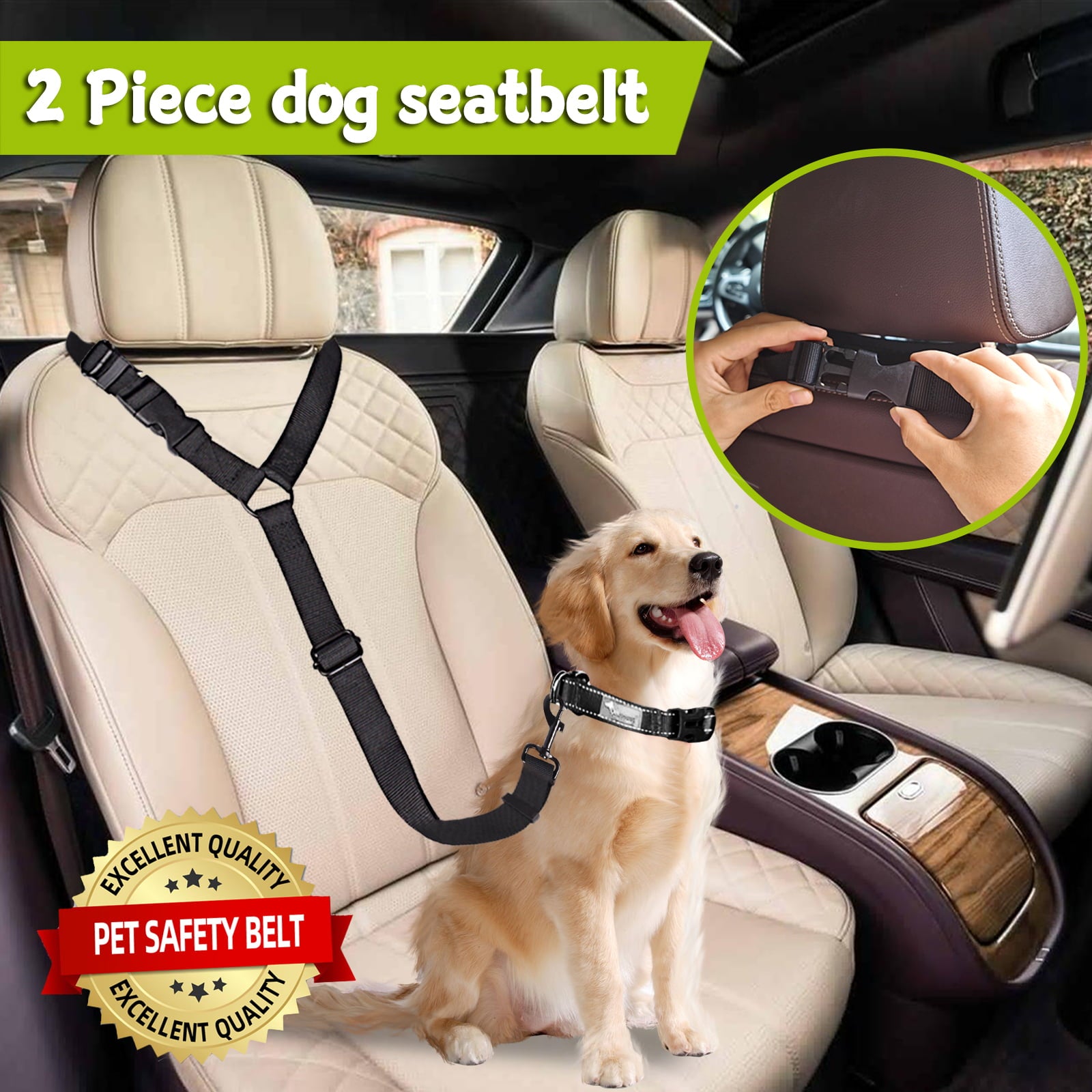 SWIHELP Dog Seat Belt， Black Adjustable Pet Puppy Doggie Car Safety Harness Restraint Headrest 2 Piece