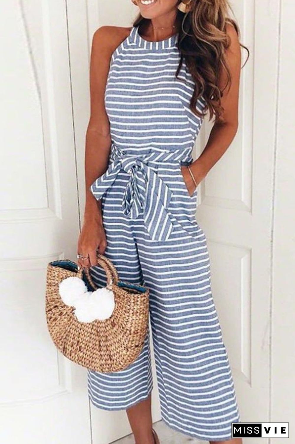 Pretty Striped Tie Waist Jumpsuit P14145