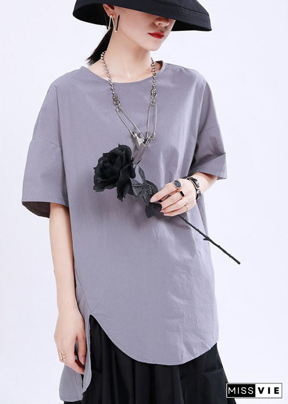 French Grey asymmetrical design Button Patchwork Fall Shirt Half Sleeve