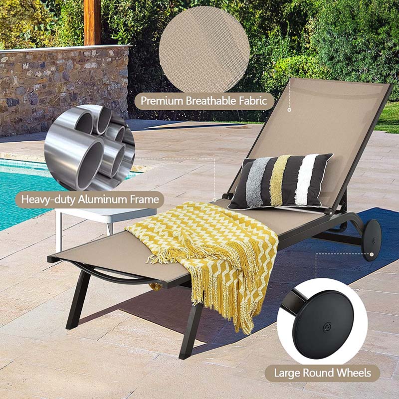 Aluminum Patio Chaise Lounge Chair with Wheels, 6-Position Fabric Outdoor Sun Lounger for Pool Beach Deck Yard