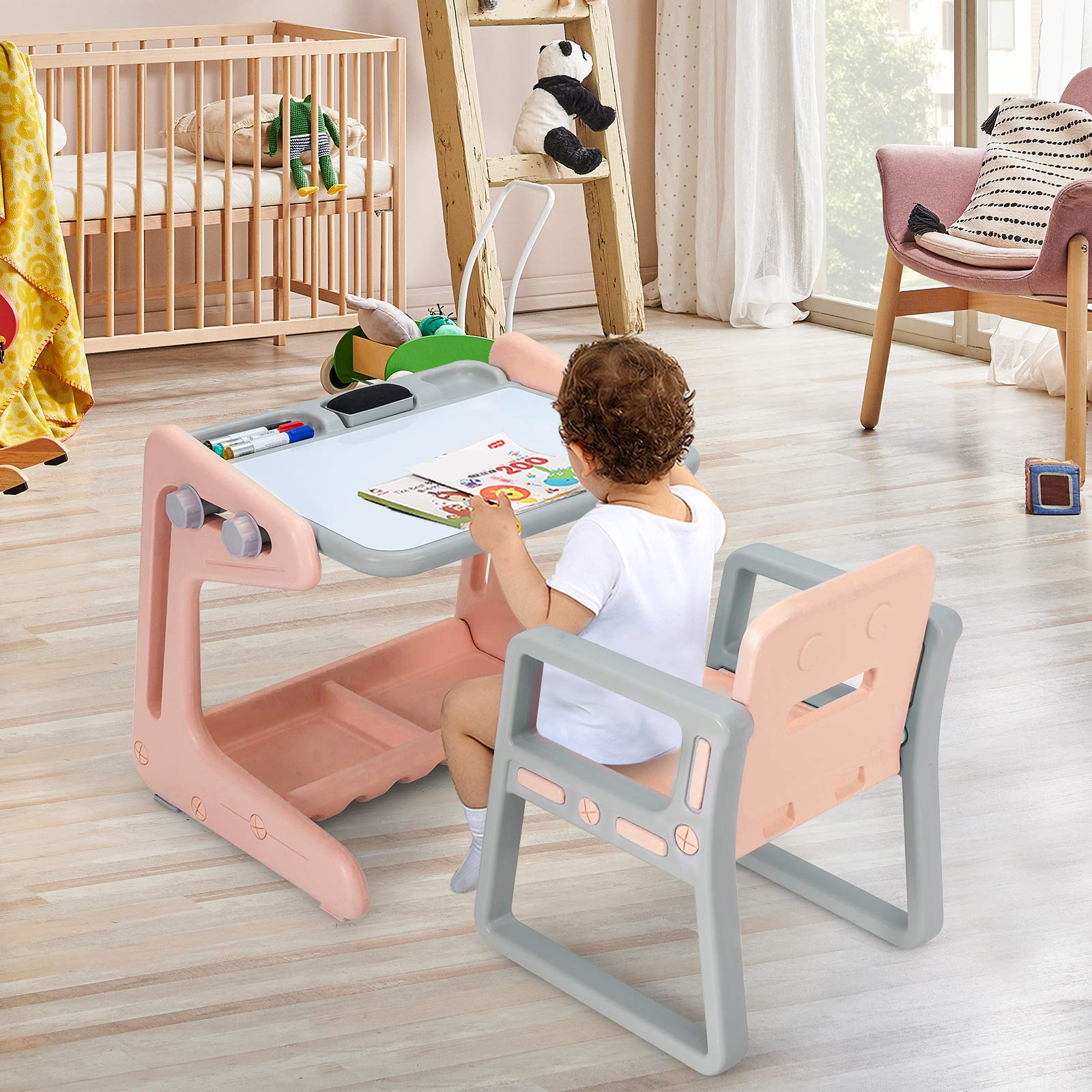 Costzon 2 in 1 Kids Table & Chair, Art Easel w/ Adjustable Magnetic Painting Board