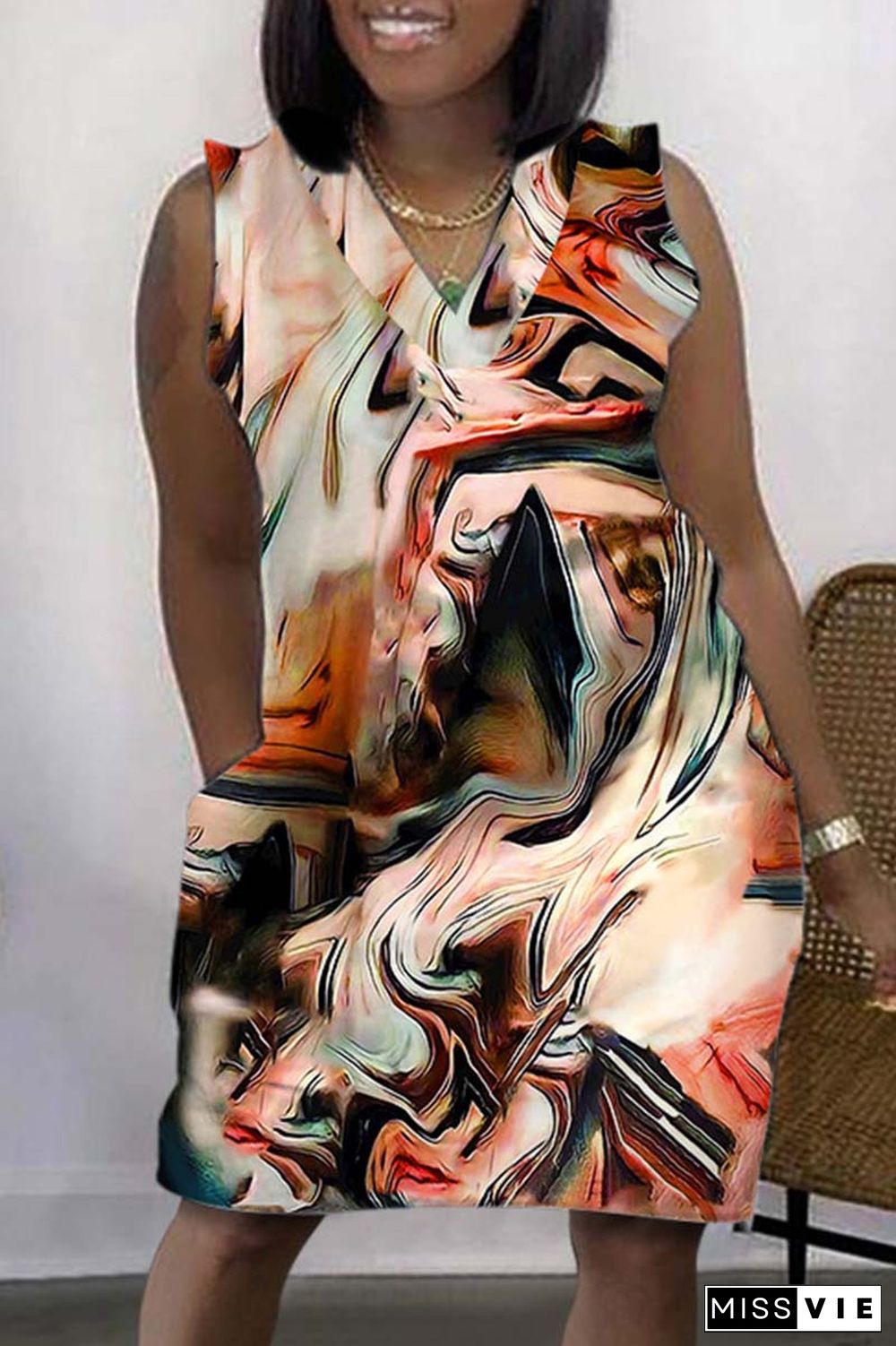 Multicolor Casual Print Basic V Neck Sleeveless Dress Dresses