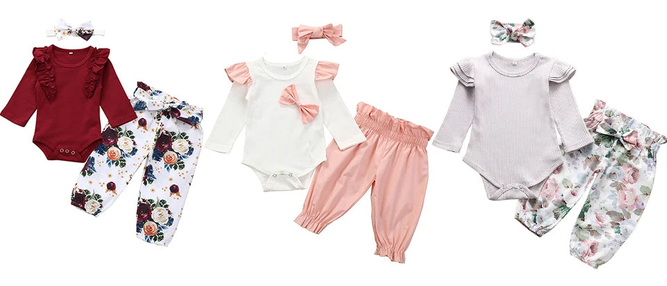 Autumn Baby Girl Clothes Sets Fashion Toddler Outfits Long Sleeve Tops Flower Pants Headband Cute 3Pcs Newborn Infant Clothing