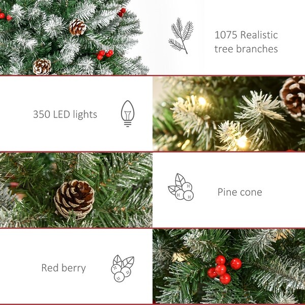 PreLit SnowDusted Artificial Christmas Tree with Realistic Branches，LED Lights，Pine Cones，Red Berries