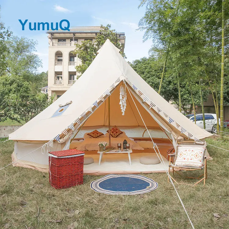 YumuQ Custom 1 2 Person 2 Door 13ft Glamping Outdoor 100% Waterproof Oxford Canvas Bell Tent For Hiking Camping