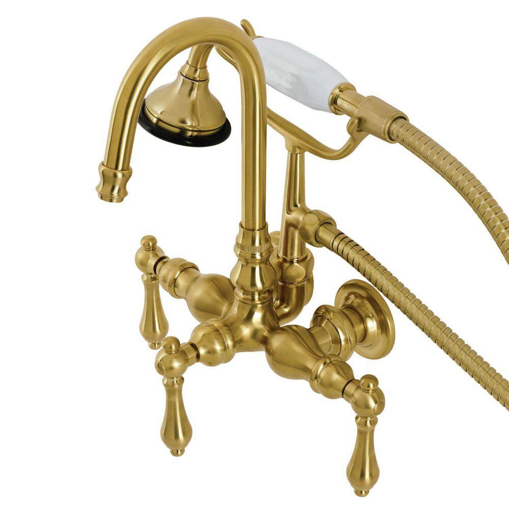 Kingston Brass Aqua Vintage 3-Handle Wall-Mount Clawfoot Tub Faucets with Hand Shower in Brushed Brass HAE7T7