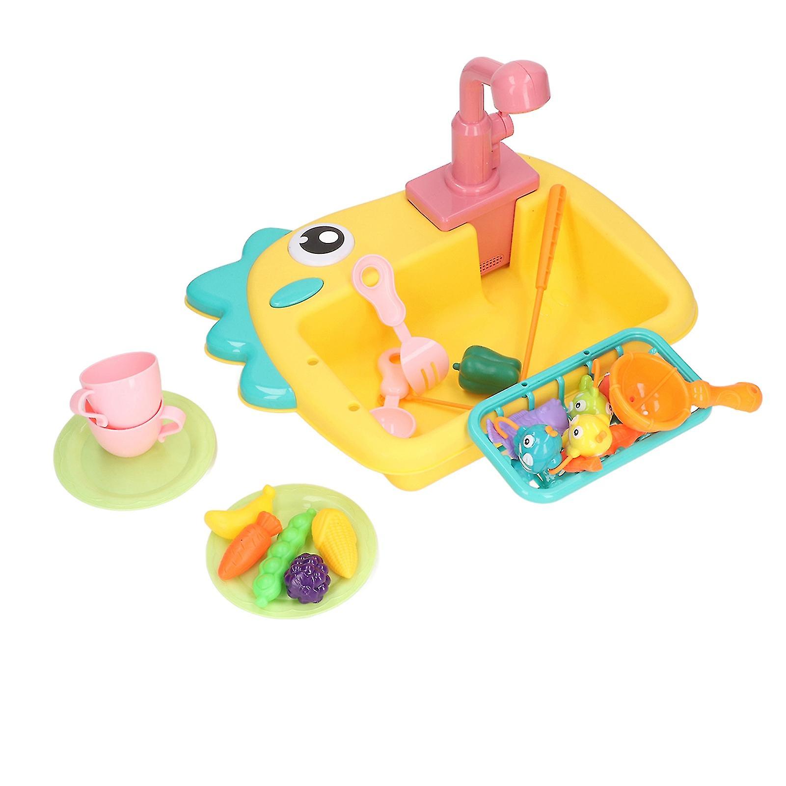 2 in 1 Play Kitchen Sink Toys with Running Water Automatic Faucets Pretend Dinosaur Fishing Toys Yellow