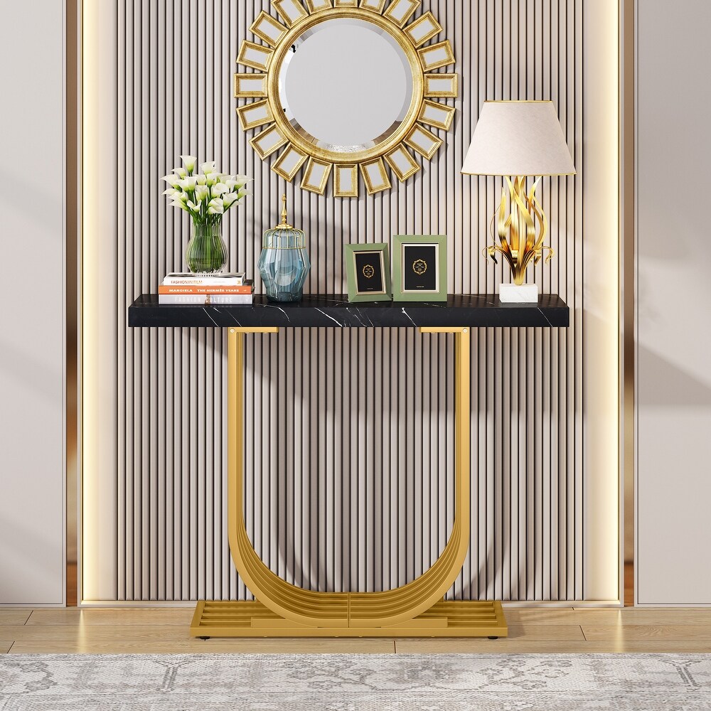 Modern Console Table  Faux Marble Entryway Foyer Table  Sofa Accent Table with Gold Metal Legs