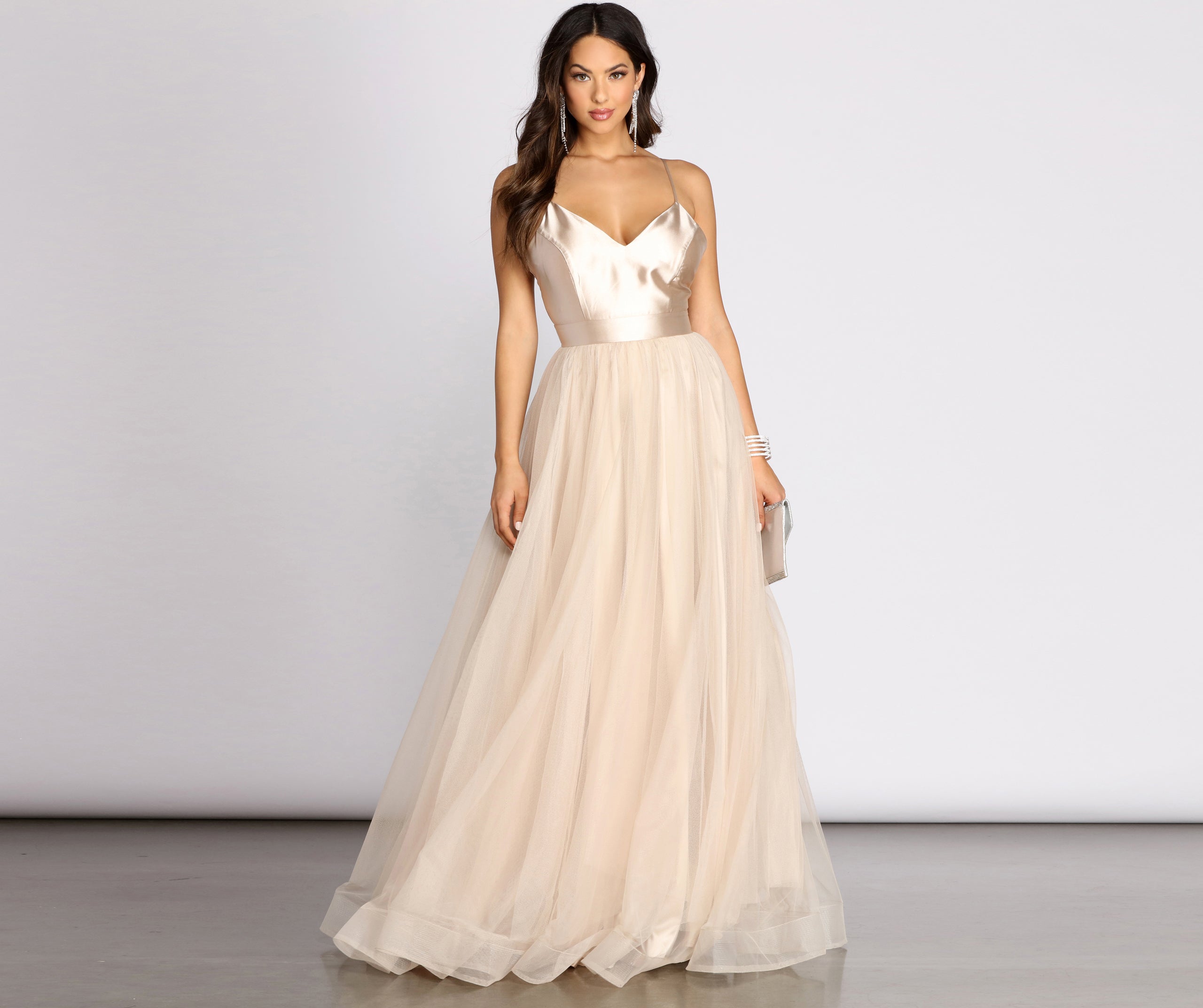 Emily Satin V Neck Tulle Ball Gown