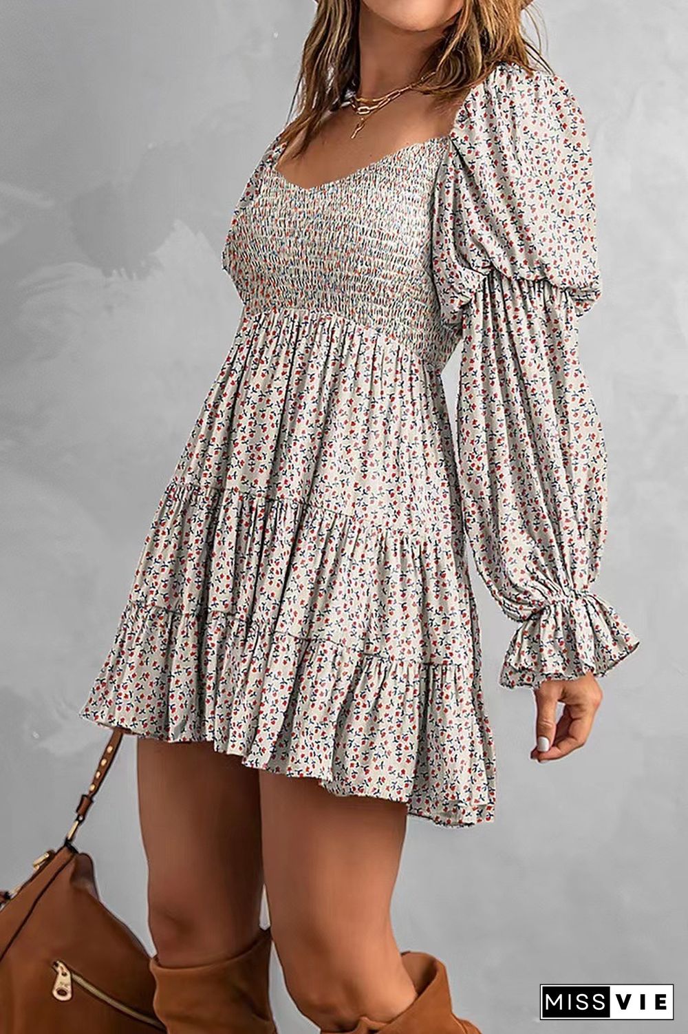 Smocked Lantern Sleeves Floral Tiered Dress