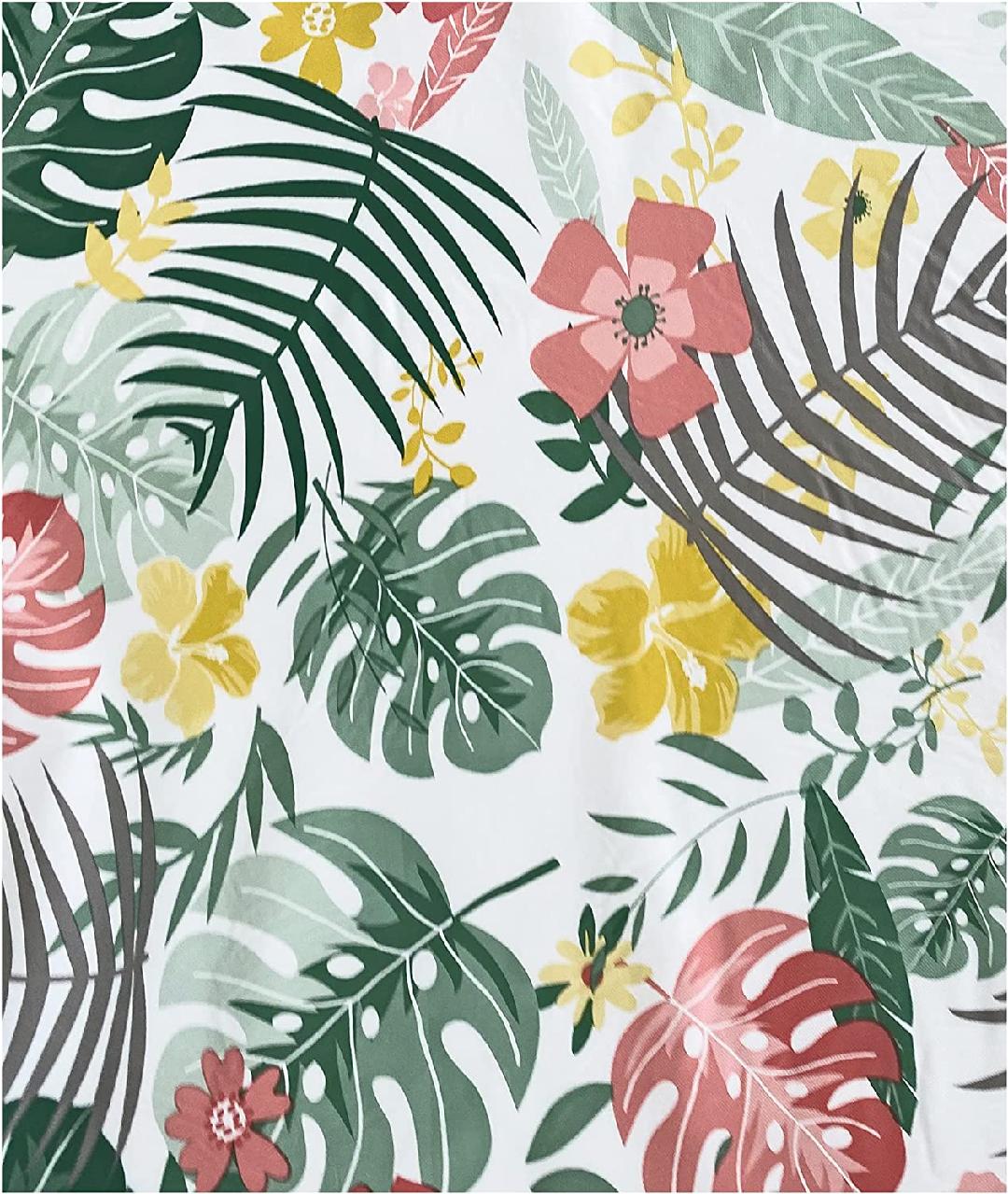 Palm Springs Tropical Floral Print Flannel Back Vinyl Tablecloth, Shabby Chic Swaying Palm Design Vinyl Indoor/Outdoor Waterproof, Patio, BBQ Tablecloth, 70 Inch Zippered Umbrella Round