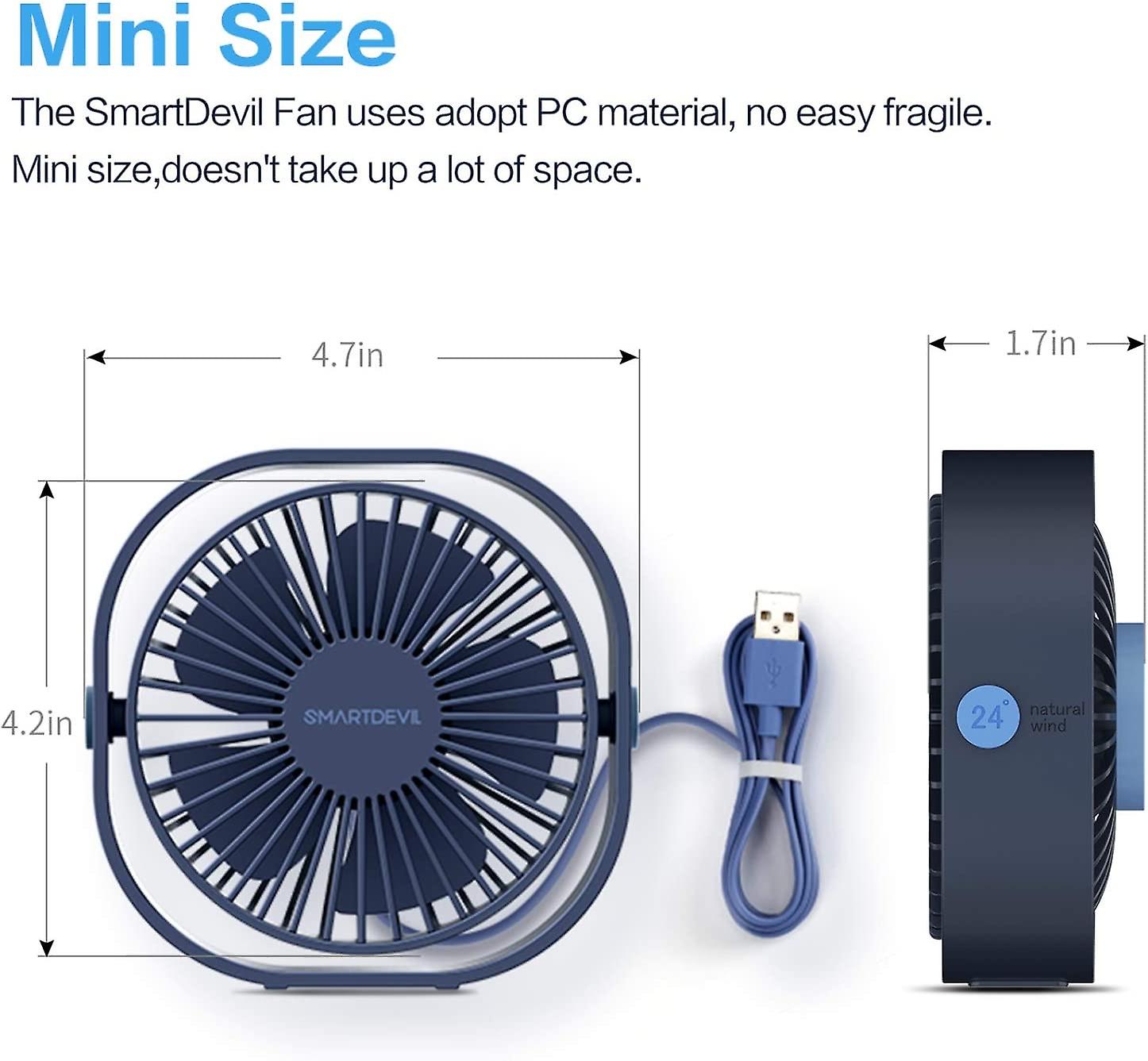 Small Personal Usb Desk Fan， Portable 3 Speed Usb Powered Desk Fan， Strong Wind， Quiet Operation， For Outdoor Travel In Home Office Car (navy Blue)