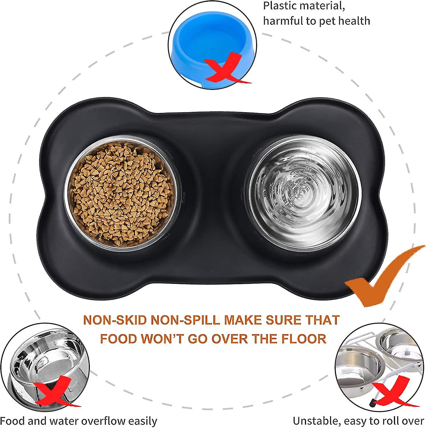 Dog Cat Double Bowl Less Steel Bowl Non-slip Base Anti-overflow Anti-spill Silic Mat