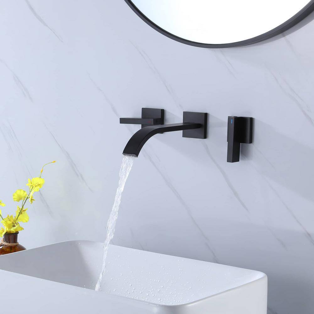 FLG Double Handle Waterfall Wall Mounted Bathroom Faucet Brass 3 Hole Bathroom Sink Faucet with Valve in Matte Black KK-0019-MB