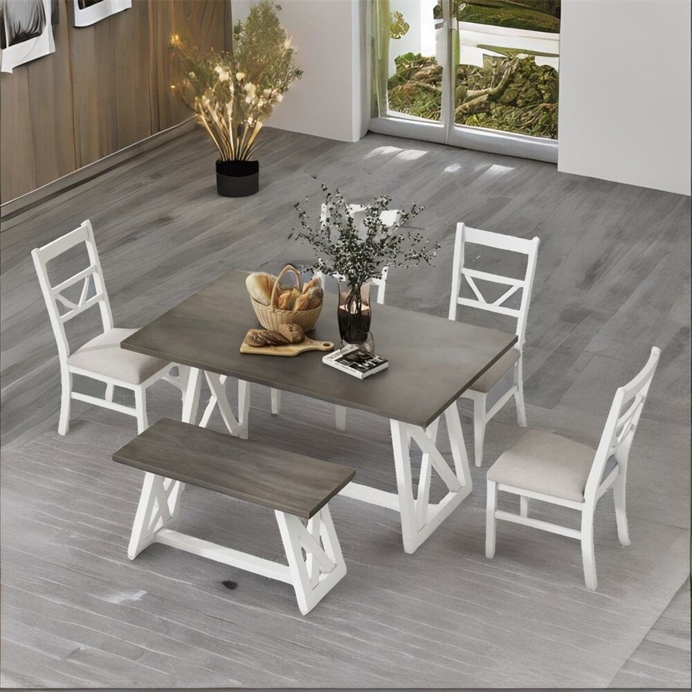 Dining Table Set with 4 Upholstered Chairs and Wood Bench（Set of 6）