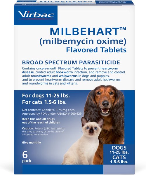 Milbehart Flavored Tablets for Dogs， 11-25 lbs， and Cats， 1.5-6 lbs， (Blue Box)