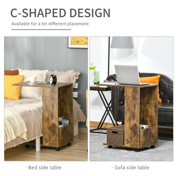 HOMCOM C-Shaped Sofa Side Table Mobile End Table with Storage and Wheels for Living Room， Bedroom， Office