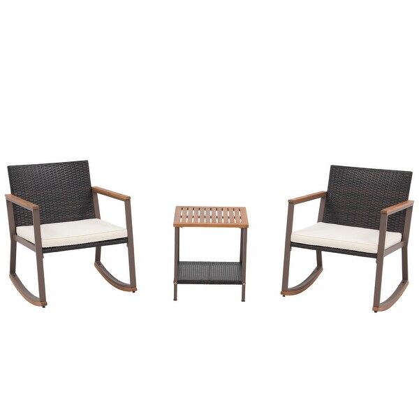 3 Pieces Outdoor Rocker Chair Conversation Set with Coffee Table and Cushions for Balcony Porch Poolside