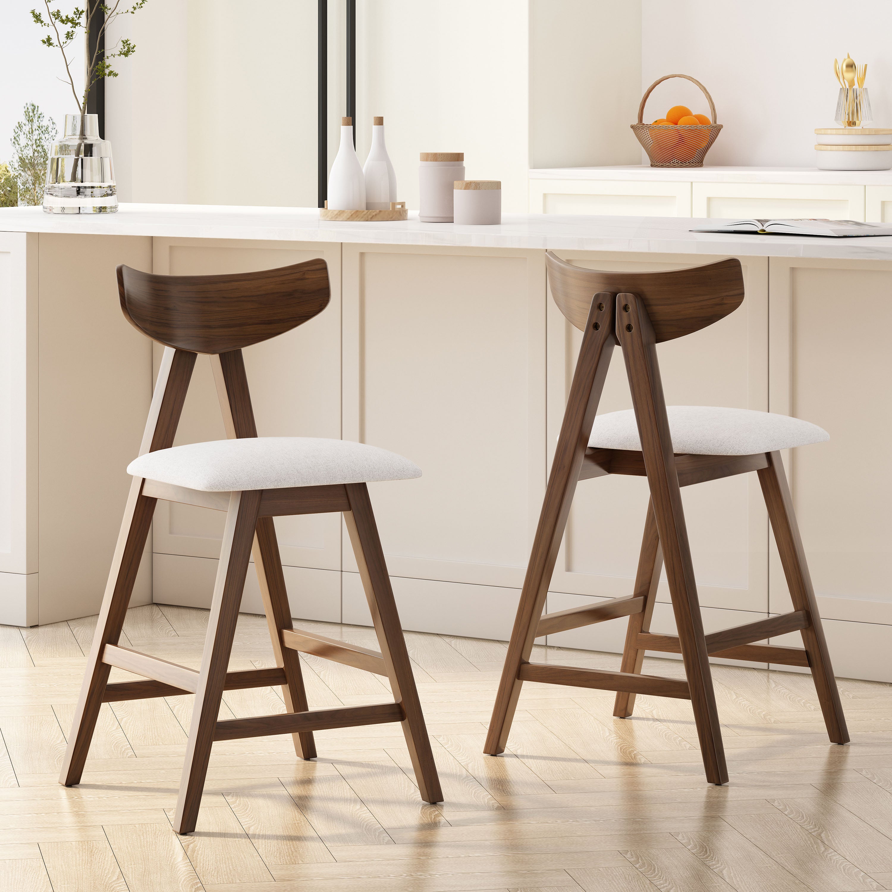 Sunapee Mid Century Modern Fabric Upholstered Wood Counter Stools, Set of 2