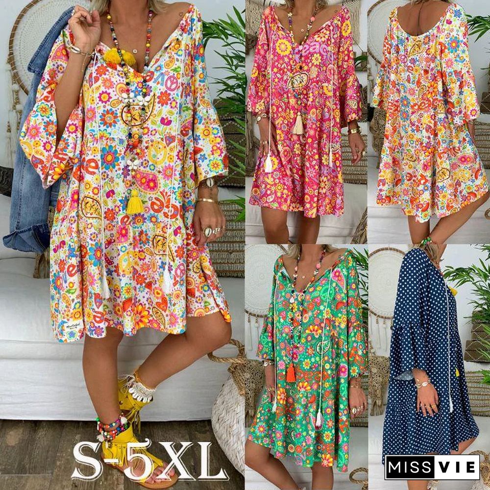 Summer Women Boho Floral Long Sleeve Dress Holiday Beach Shirt Dress Ladies Print Mini Dress Plus Size S-5XL