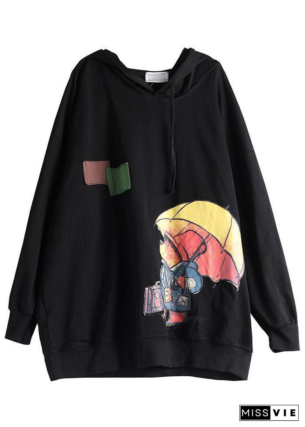 Women Black Hooded Cotton Sweatshirt Street wear Spring