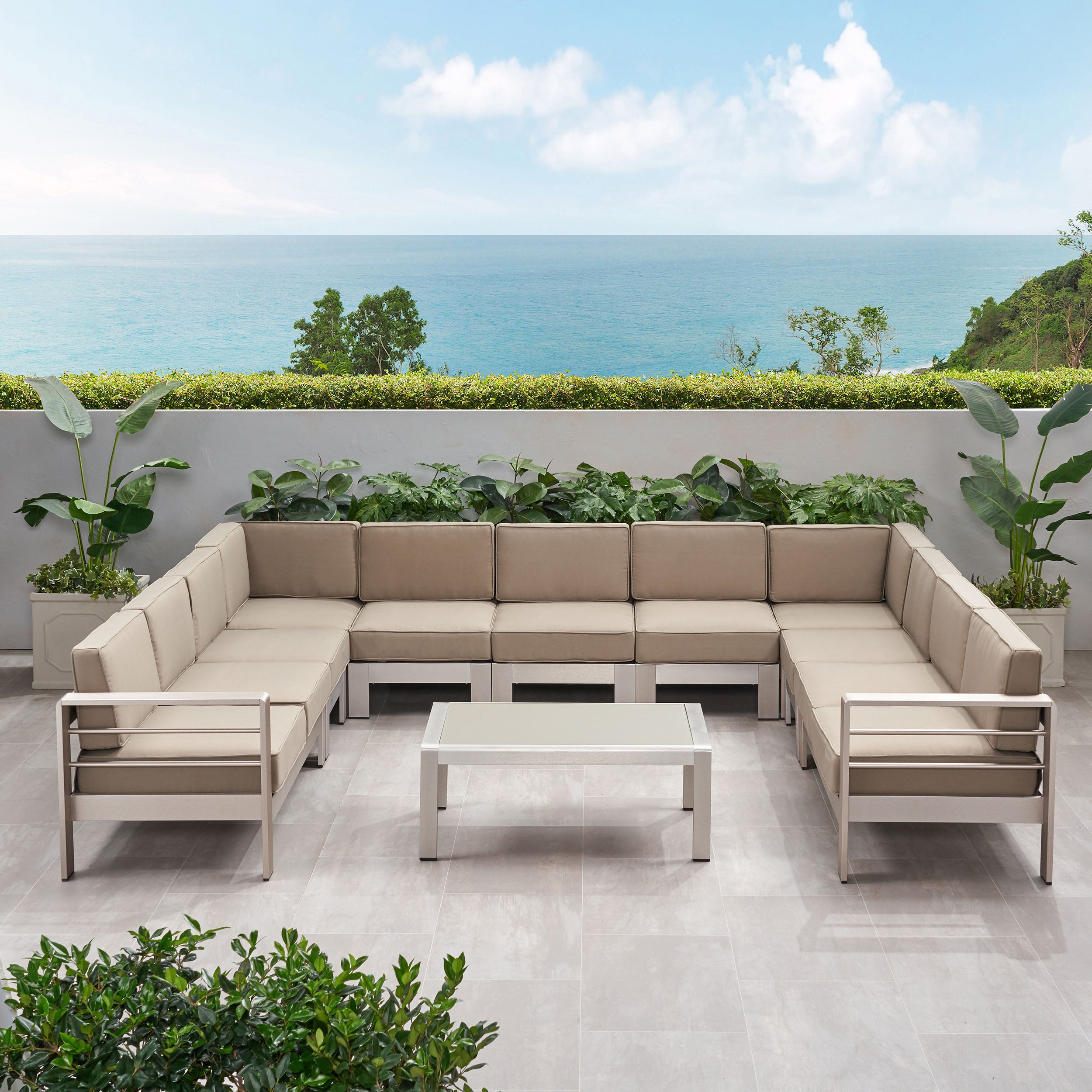 Enid Outdoor 11 Seater Aluminum U-Shaped Sofa Sectional and Table Set