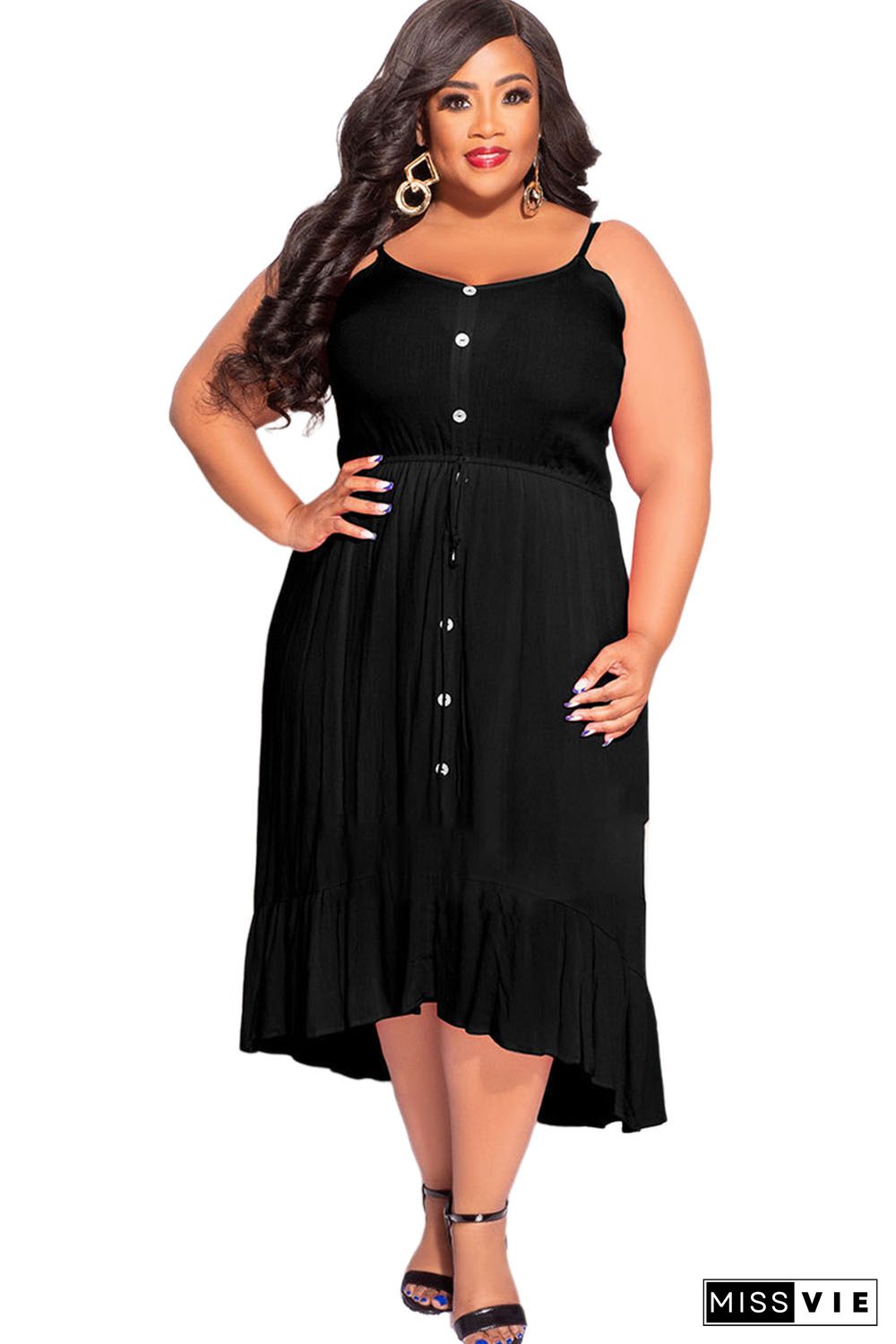 Black Plus Size Spaghetti Straps Buttoned Ruffle Midi Dress