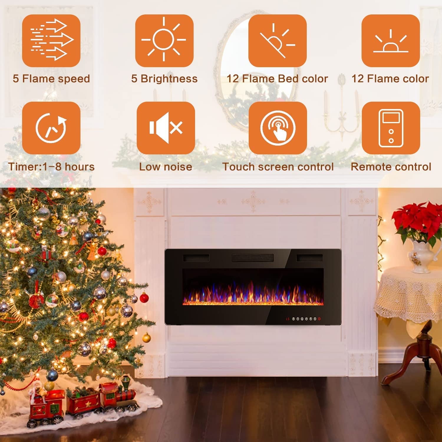 Waleaf 50 inch Ultra-Thin Silence Linear Electric Fireplace Inserts, Recessed Wall Mounted Fireplace, Fit for 2 x 4 and 2 x 6 Stud, Adjustable Flame Color & Speed,Touch Screen Remote Control 8h Timer