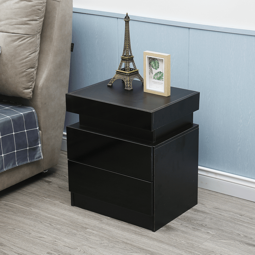 Oukaning Modern High Gloss Nightstand with 2 Drawers Modern LED RGB Bedside Table Storage(Black)