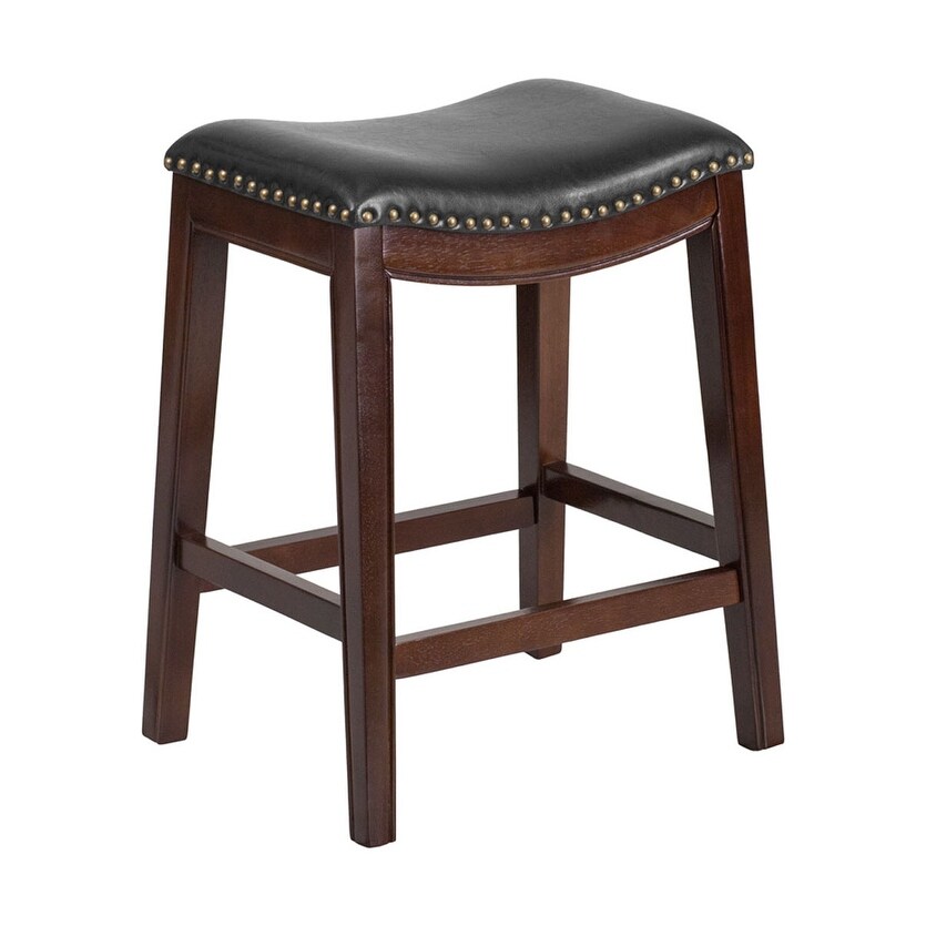 Offex 26'' High Backless Cappuccino Wood Counter Height Stool with Black LeatherSoft Saddle Seat - N/A