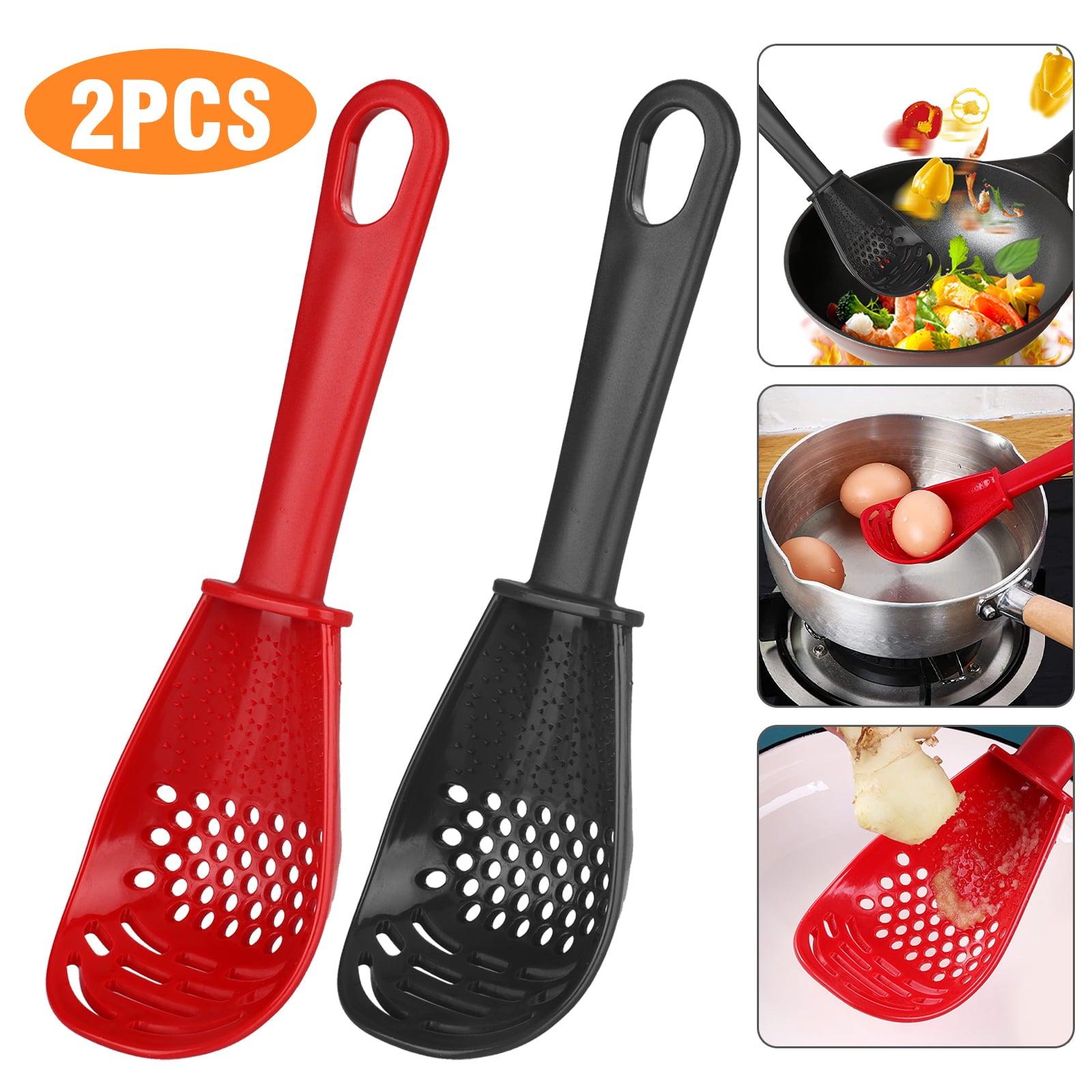 2pcs Multifunctional Cooking Spoon Strainers, TSV Strainers for Kitchen Tools Small Silicone Spatula Spoon, Skimmer Scoop Colander Strainer Grater Masher (Red and Black)