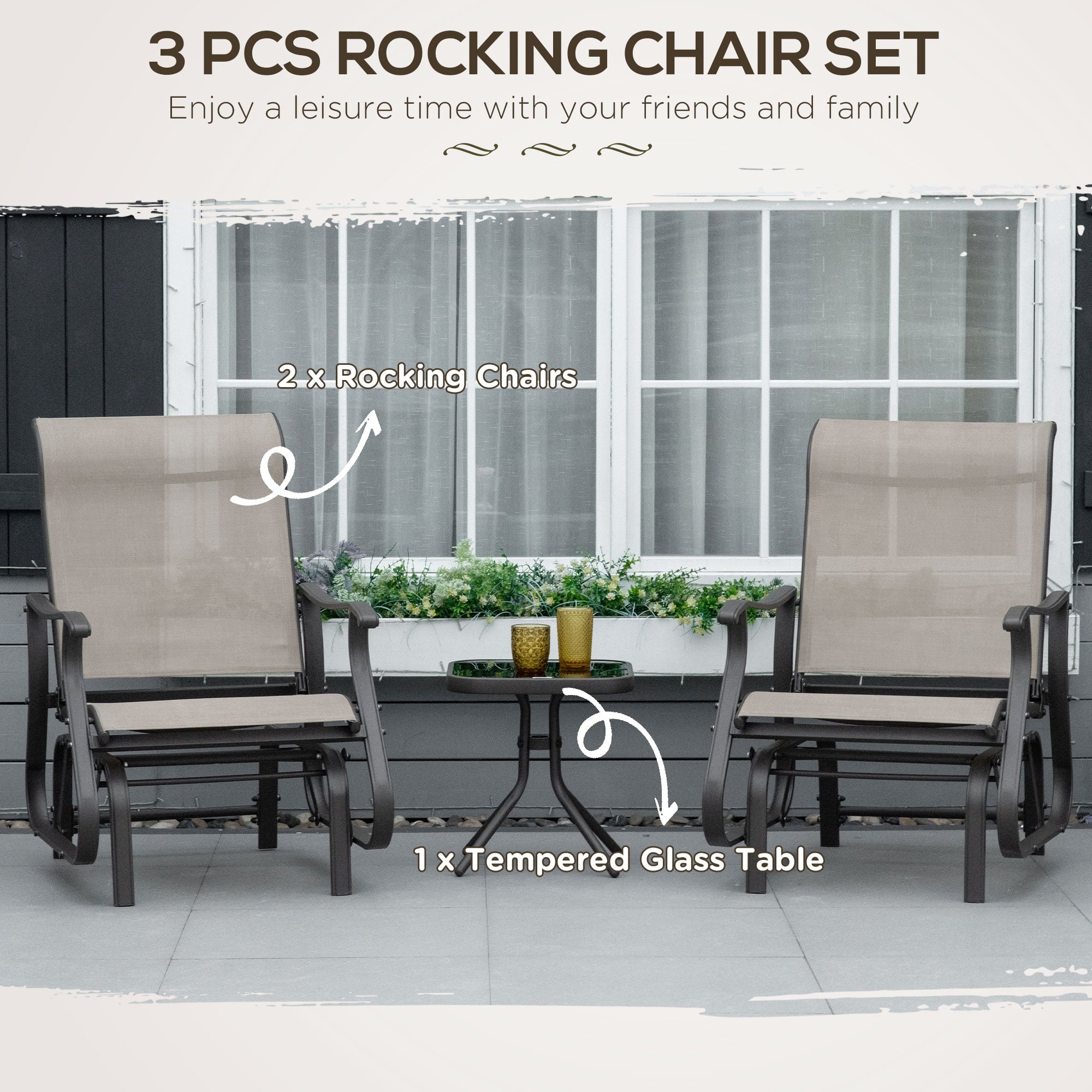 Outsunny 3-Piece Outdoor Gliders Set Bistro Set with Steel Frame, Tempered Glass Top Table for Patio, Garden, Backyard, Lawn, Gray