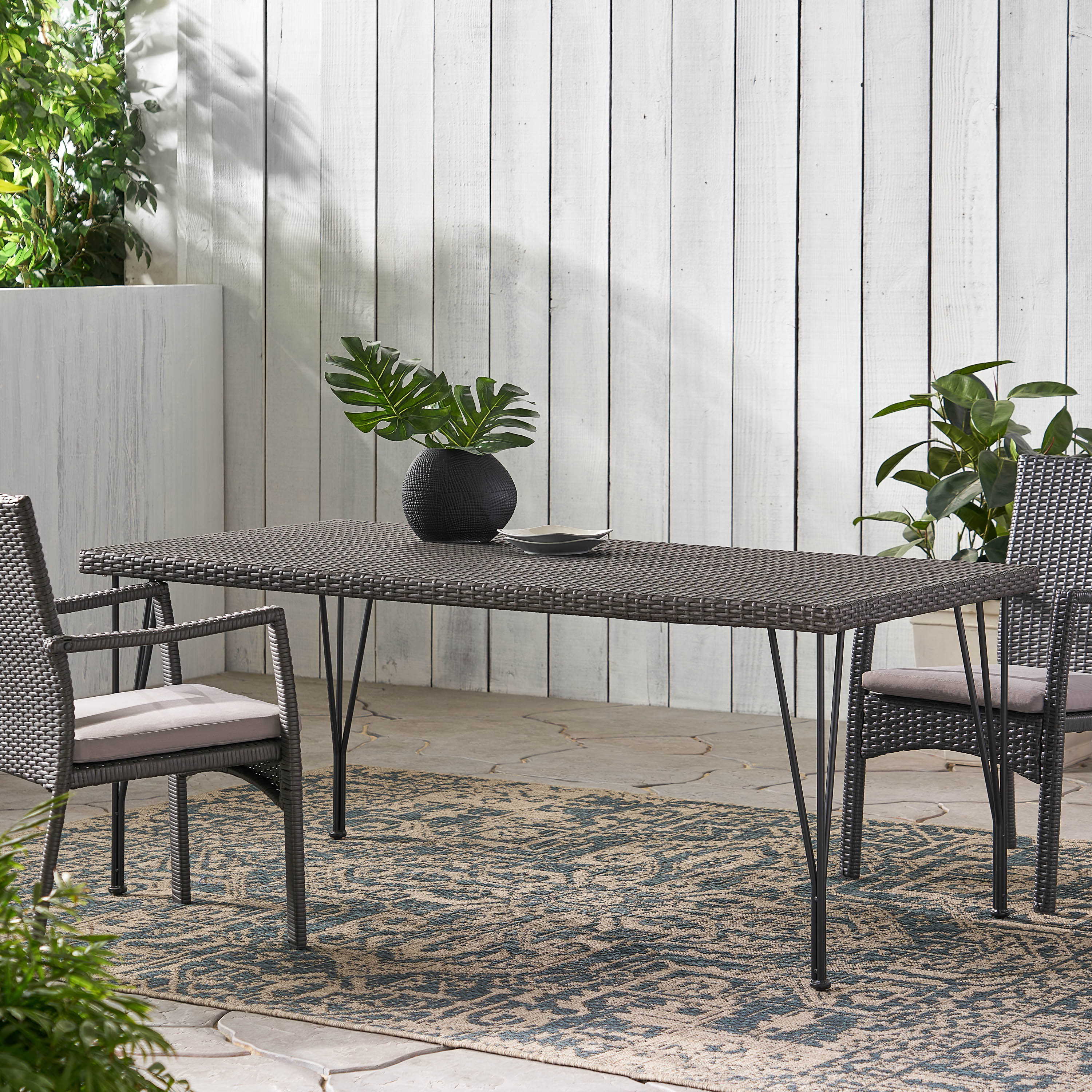 Belmy Outdoor Gray Wicker Rectangular Dining Table with Hair Pin Legs