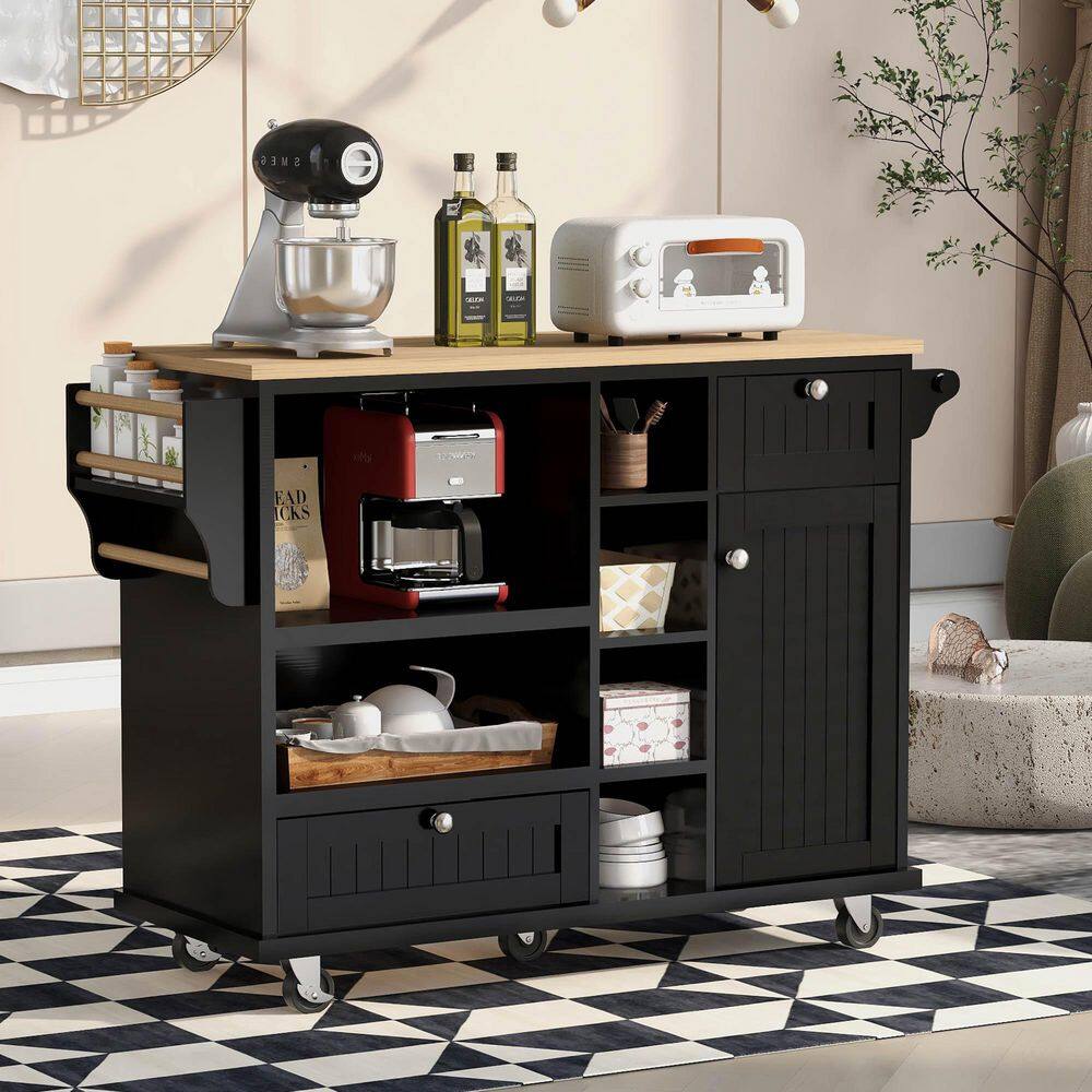 Nestfair Black Modern Kitchen Island with Storage Cabinet and Two Locking Wheels CKK6670B