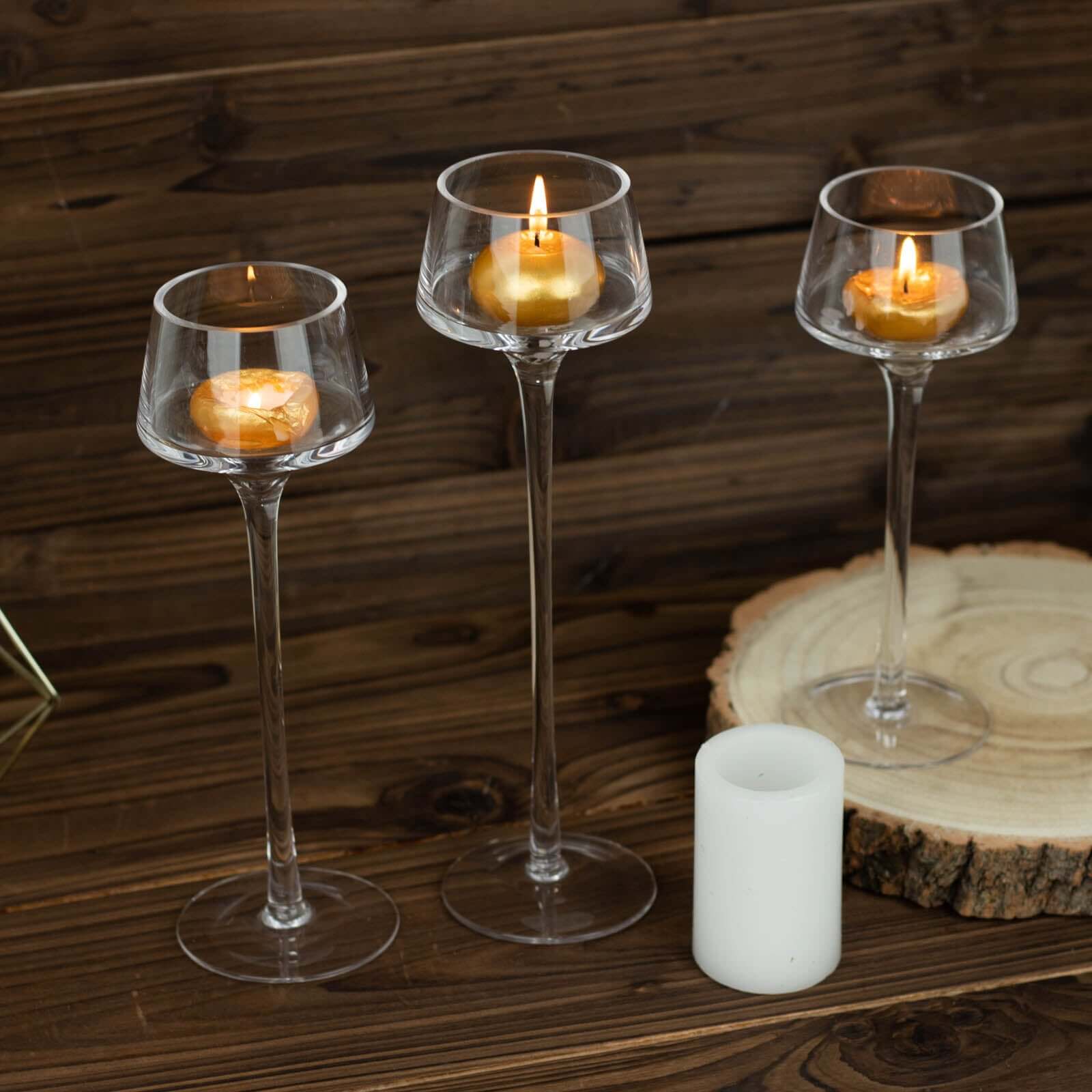 Set of 3 Long-Stem Clear Glass Pedestal Table Vase Centerpieces, Tall Tealight Disc Candle Holders 8