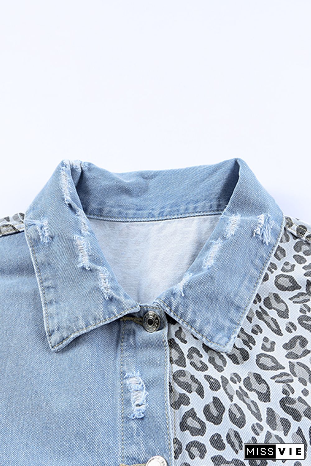 Sky Blue Plus Size Leopard Ripped Cropped Denim Jacket