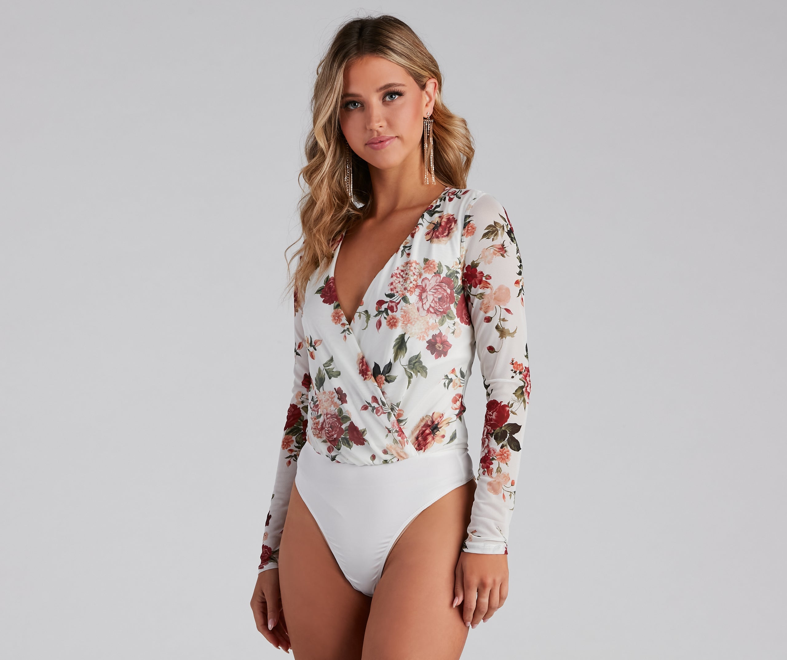 Natural Bloom Mesh Floral Surplice Bodysuit