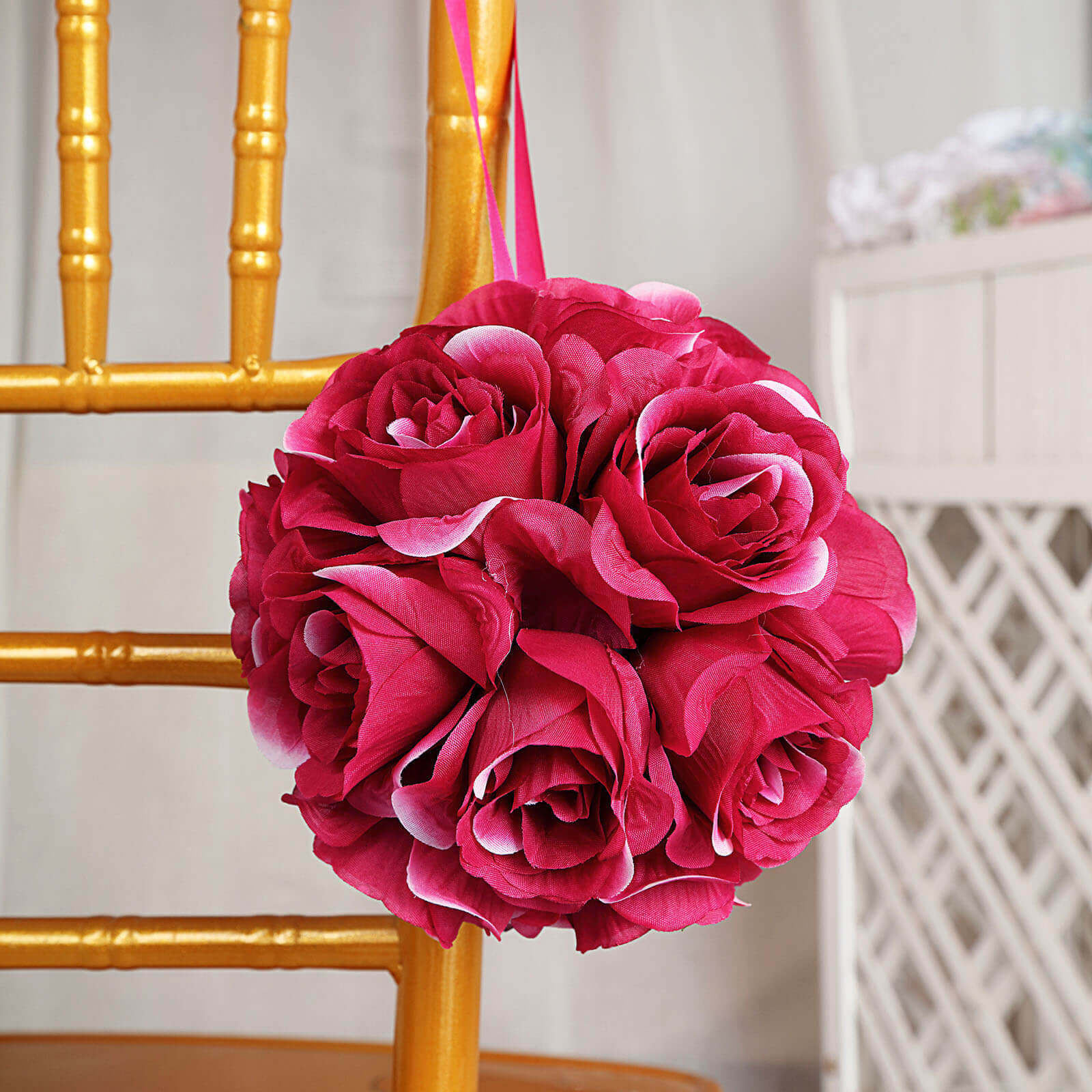 2 Pack Fuchsia Artificial Silk Rose Kissing Ball, Flower Ball 7