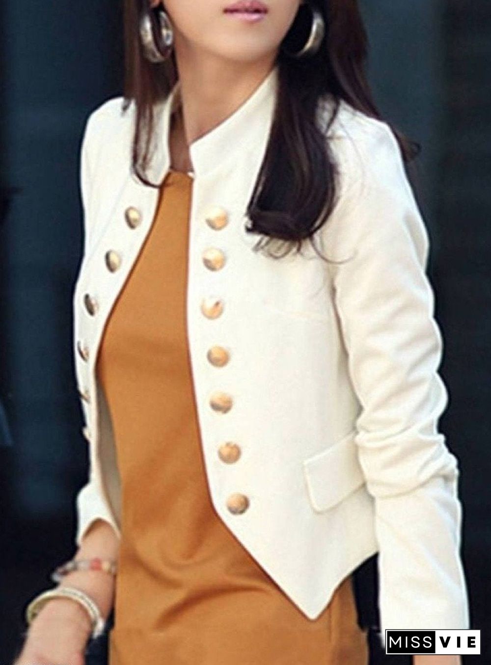 Ladylike Double Breasted Band Collar Blended Plain Blazer