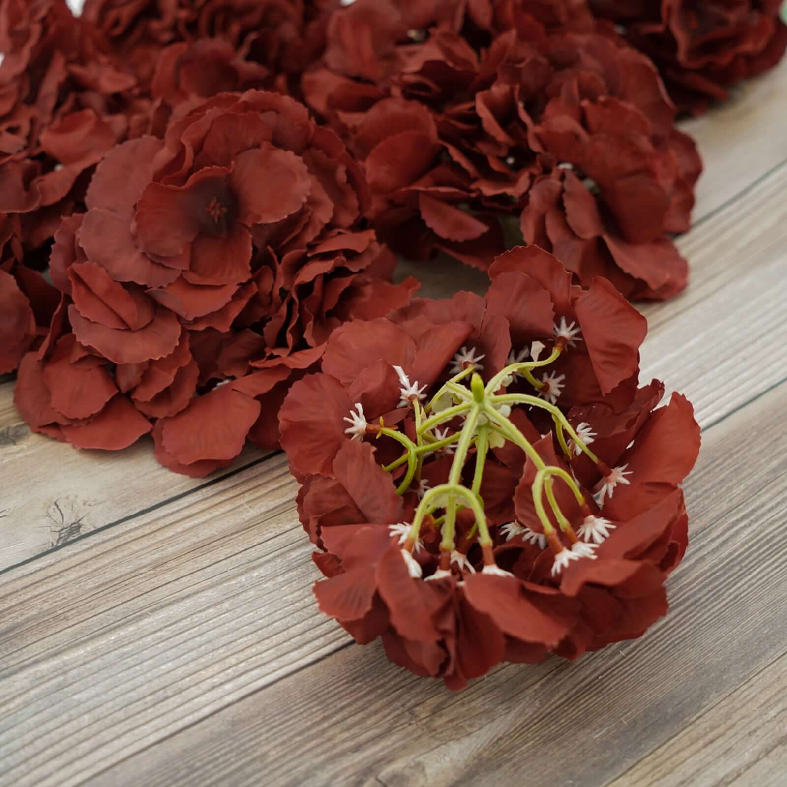 10 Flower Head and Stems Burgundy Artificial Satin Hydrangeas, DIY Arrangement