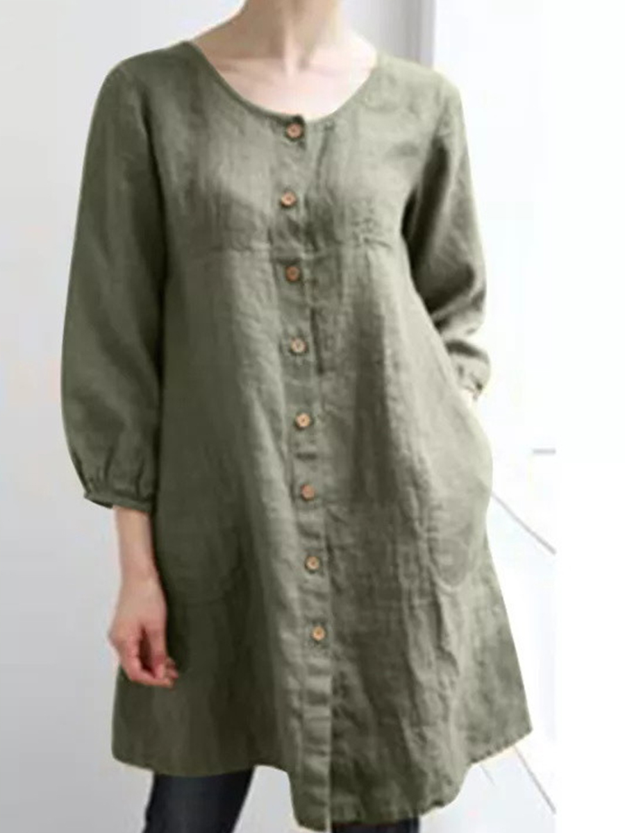 3/4 Sleeves Round Neck Linen Loose Buttoned Casual Blouses