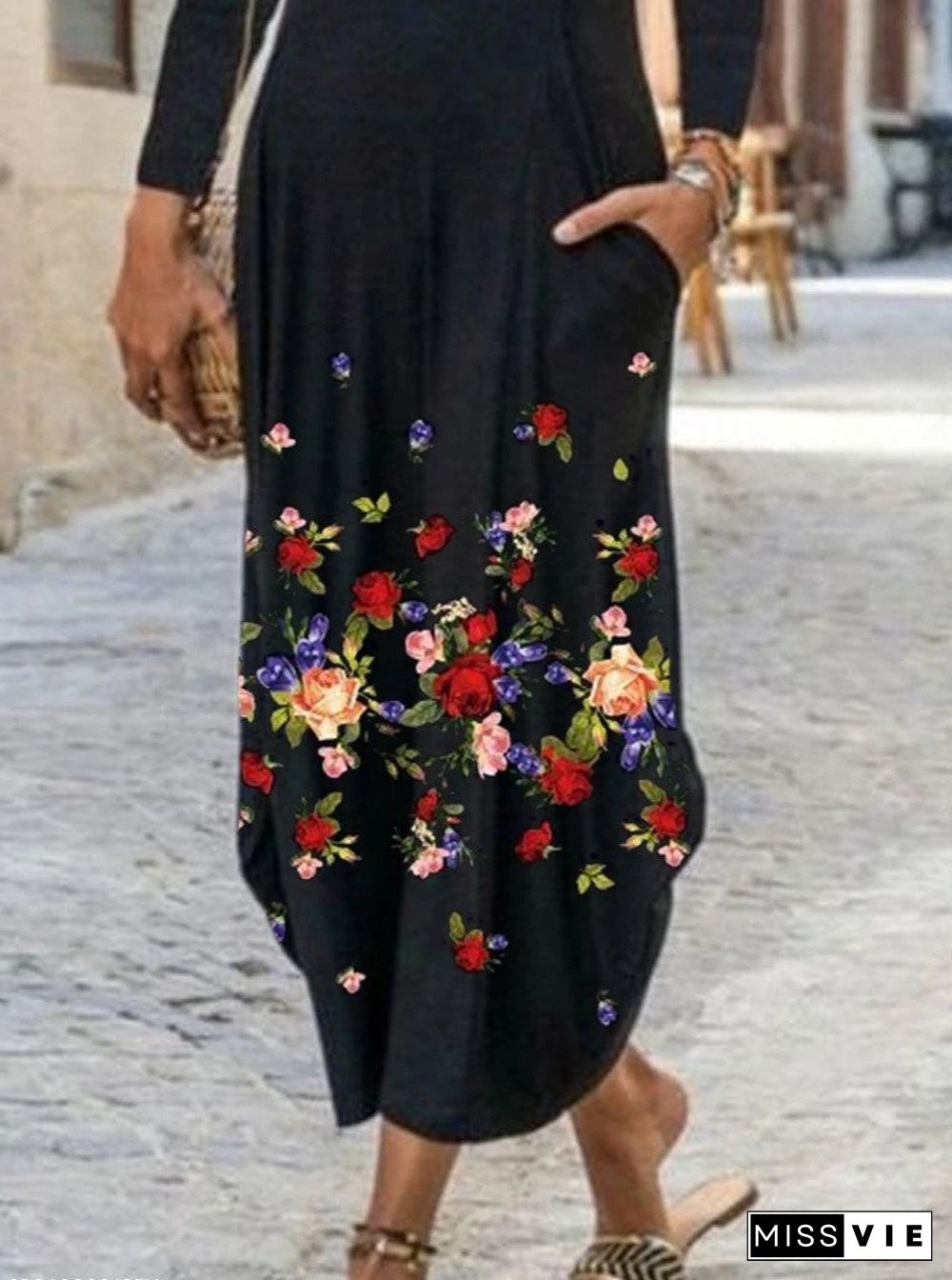 Ladies Floral Print Long Sleeve Maxi Dress Black Dresses