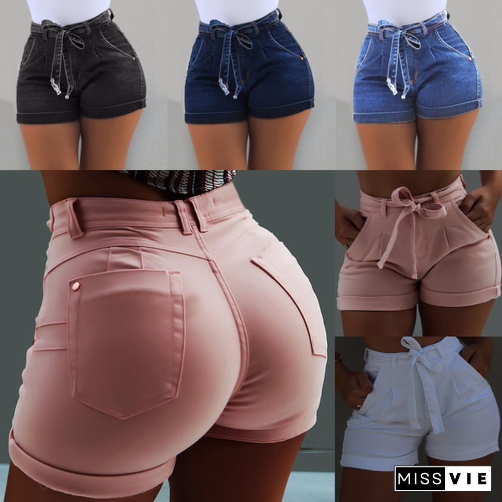 New Women's Fashion High Waist Lace-up Short Denim Jean Casual Denim Short Push Up Skinny Slim Denim Short