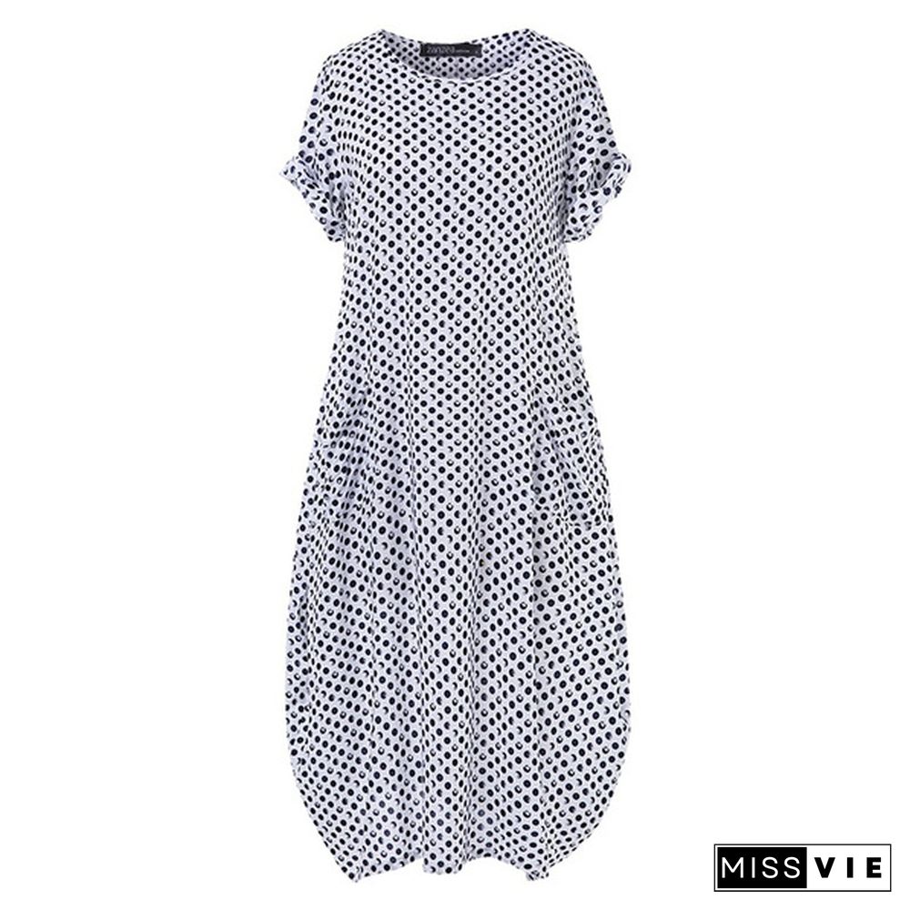 Women Casual Short Sleeve Sundress Polka Dot Dress Baggy Long Maxi Dresses