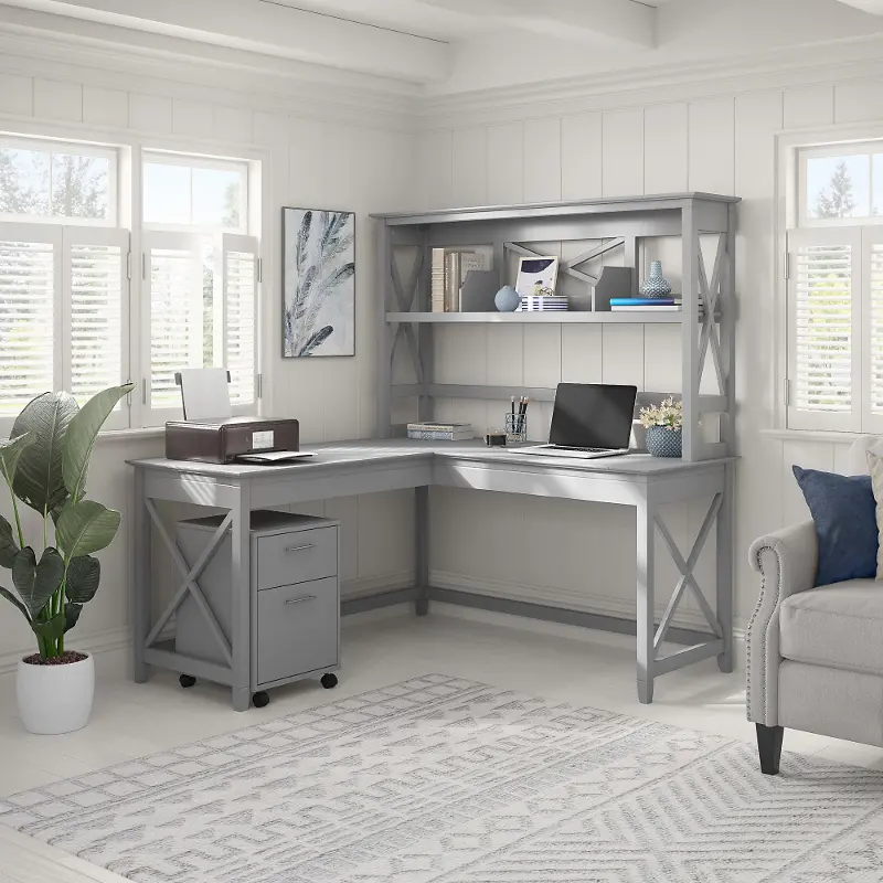 Key West Cape Cod Gray 60 Inch L Shaped Desk with Hutch and Mobile File Cabinet - Bush Furniture