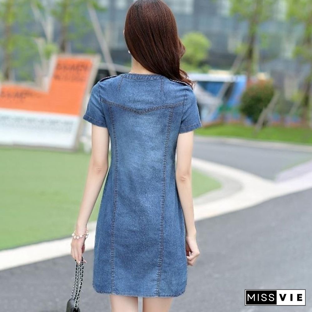 Plus Size Denim Dress Women Short Sleeve Dress Spring Vintage Vestidos Robe Casual Slim V-neck Office Shirt Jeans Dress