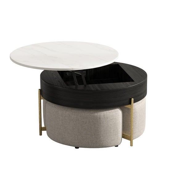 Lifting-top Round Modern Coffee Table with 3 Nesting Stool， Carbon Steel Legs